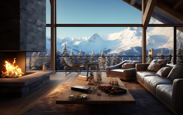 Winter Elegance Fireplace in the Interior of a Luxury Chalet Generative AI