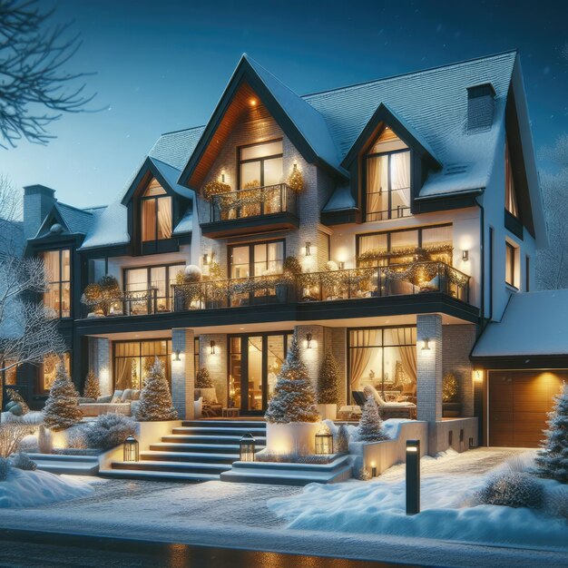 Winter Elegance Stylish Modern Home in Snowy Evening