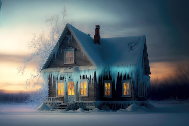 Winter evening and house with illuminated windows with long icicle on house