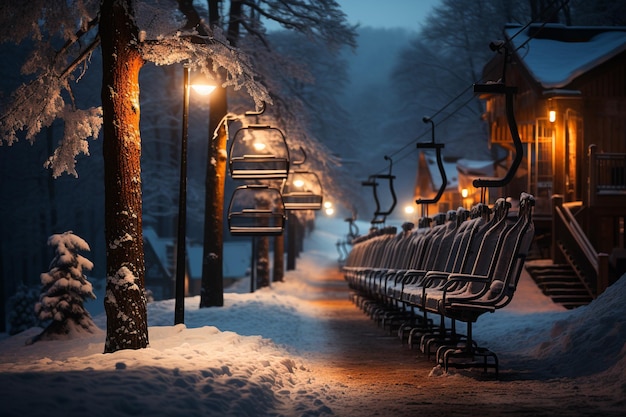 雪に覆われた木々と街灯のある公園の冬の夜