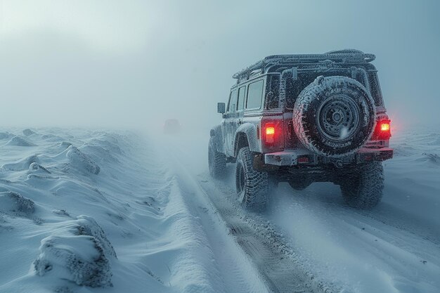 写真 雪に覆われた荒野を越える冬の遠征 荒れ果てた4x4車両で夕暮れに 創造的なai