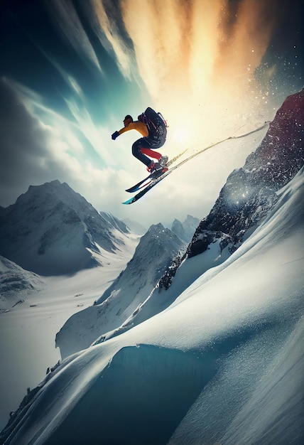 Photo winter extreme athlete sports ski jump on mountain generate ai