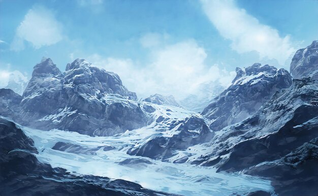 Winter Fabulous Panoramic landscape mountains, mountain peaks amazing view. Magical winter snow nature valley of mountains and ridges. Illustration