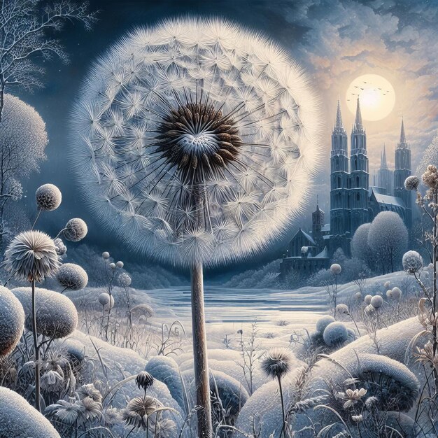 Photo winter fairytale scene with sonchus fluff decorations and a knight