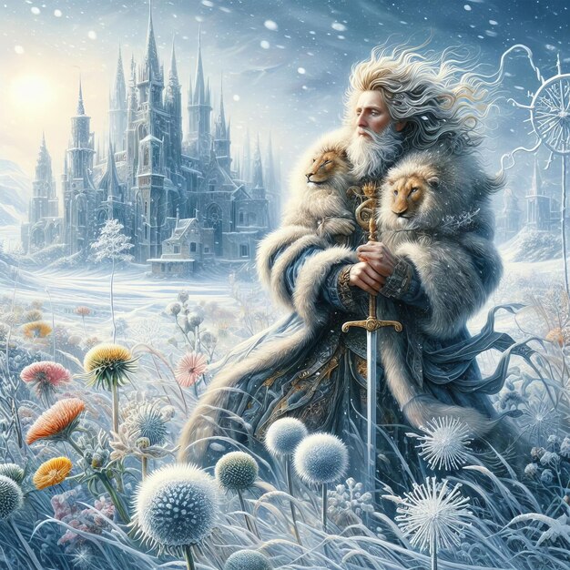 Photo winter fairytale scene with sonchus fluff decorations and a knight