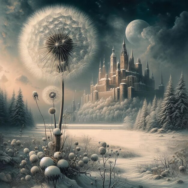 Winter fairytale scene with Sonchus fluff decorations and a knight