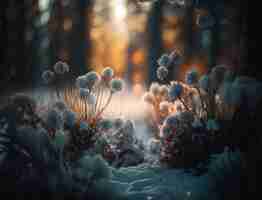 Photo winter fantasy forest landscape created with generative ai technology