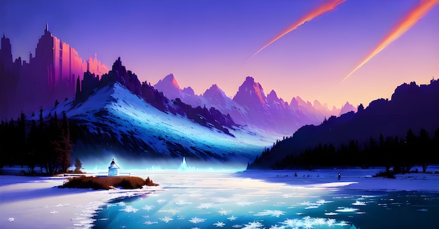 Winter Fantasy Wallpaper frozen lake with surrounding snow covered rocky mountains Generative ai for childrens books stories fairy tales