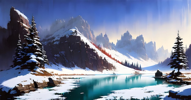 Winter Fantasy Wallpaper frozen lake with surrounding snow covered rocky mountains Generative ai for childrens books stories fairy tales