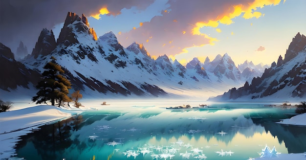 冬のファンタジーの壁紙 雪に覆われた周囲の凍った湖 岩山 子供向けの本 物語 おとぎ話のジェネレーティブ ai