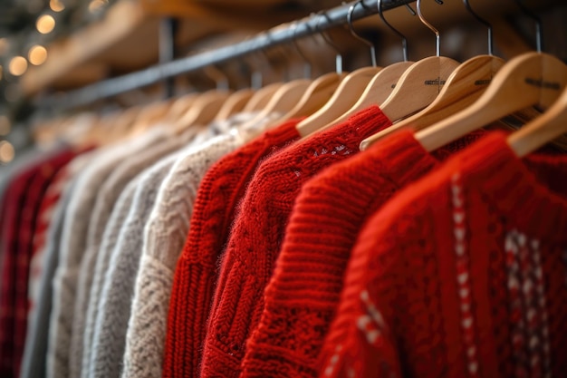 冬のファッションが展示されています 寒い季節に備えたさまざまな質感のアースカラーのニットの中で、鮮やかな赤いセーターが映えます