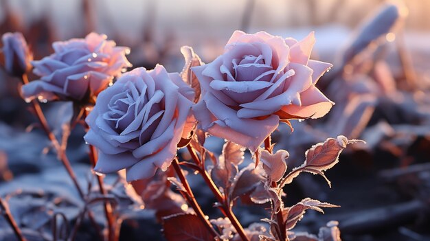 Winter field of flowers frozen beautiful glass rose background AI generate