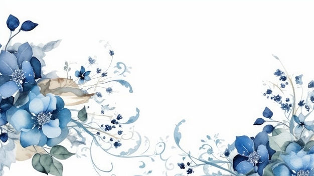 Winter floral border background in blue with leaf watercolor