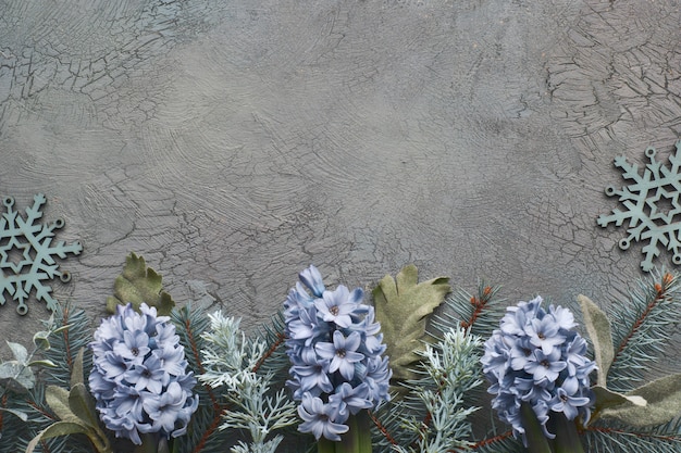 Winter floral border in green and blue with fir, hyacinth flower