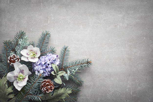 Winter floral corner in green and blue with fir twigs, hyacinth flowers and leaves on concrete