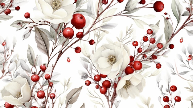 写真 白い花の赤いローズヒップとさまざまな枝を持つ冬の花柄