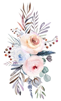 Mazzo floreale invernale dell'acquerello con foglie pastello bacche e fiori isolati su bianco
