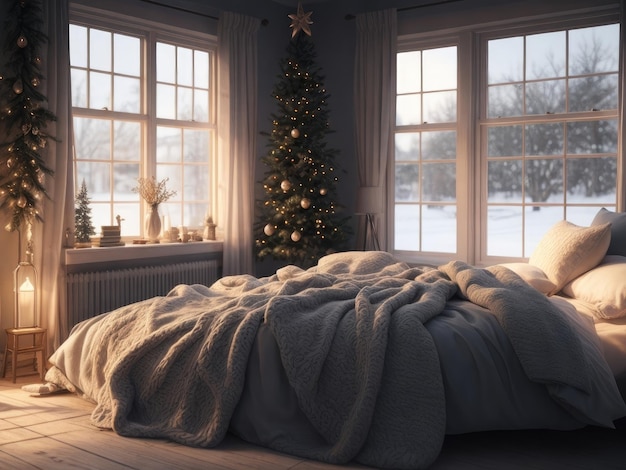 Foto winter fluistert gezellige slaapkamer ambiance in een houten huis