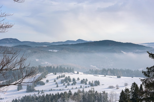 Winter foggy landscape of Beski Sadecki mountain range