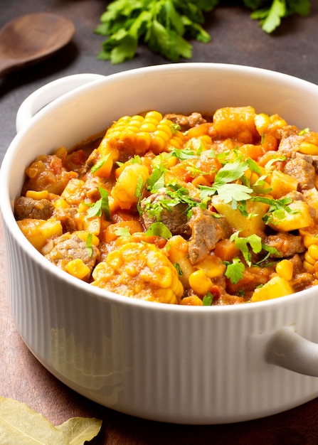 Winter food stew in bowl close-up