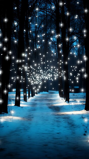 사진 눈과 크리스마스 조명과 함께 밤에 겨울 숲 크리스마스 배경