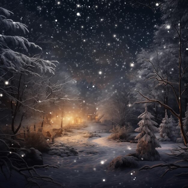 Фото Зимний лес в ночь со снегом и волшебными огнями красивый зимний пейзаж