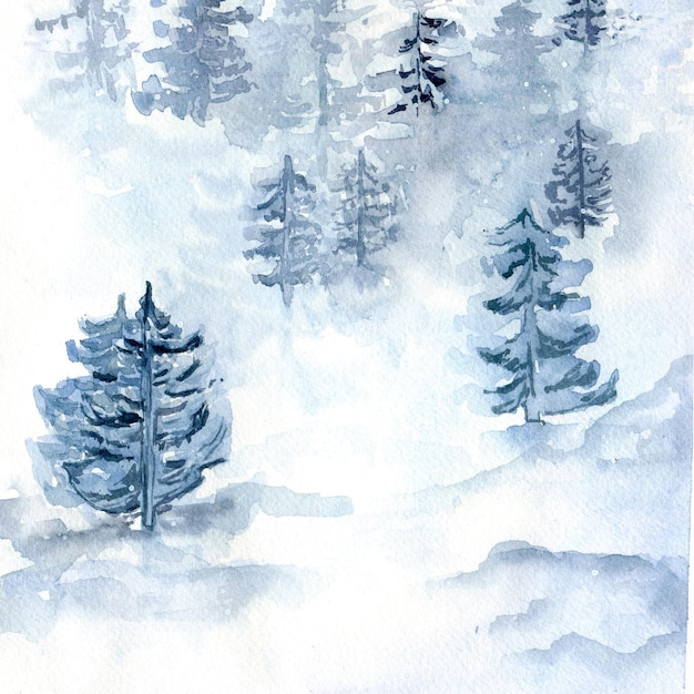 Winter forest background watercolor illustration hand drawn