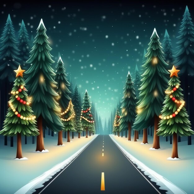 Photo winter forest background with a road and christmas decorations 3d illustration