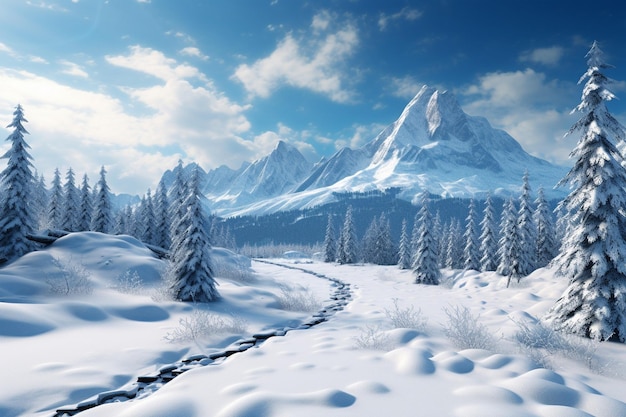 Winter forest background with trees snowy fir trees mountains stones driftwood and fields