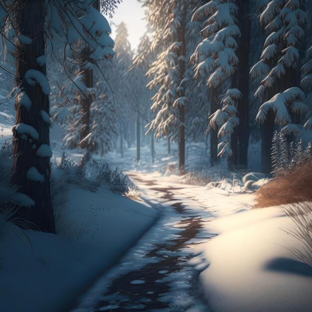 Winter forest image created by ai