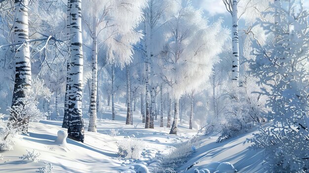 The winter forest is frozen and covered in snow with trees blanketed in white