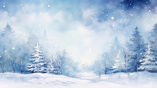 Winter forest landscape watercolor illustration