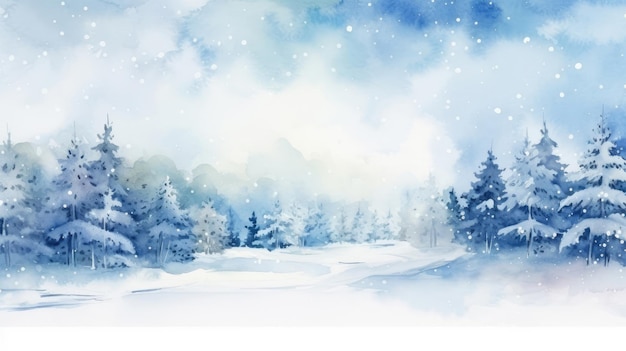 Winter forest landscape watercolor illustration