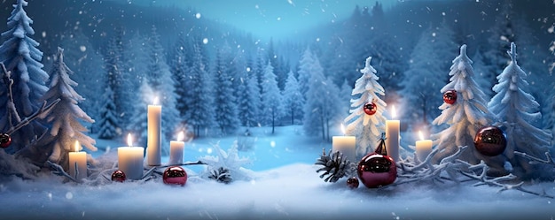 Photo winter forest landscape with burning candles christmas decoration