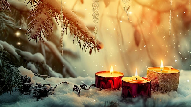 Photo winter forest landscape with burning candles christmas