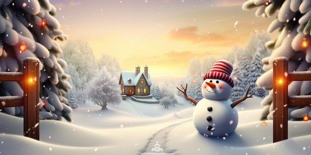 Winter Forest met Groet Snowman Christmas banner achtergrond Generatieve AI