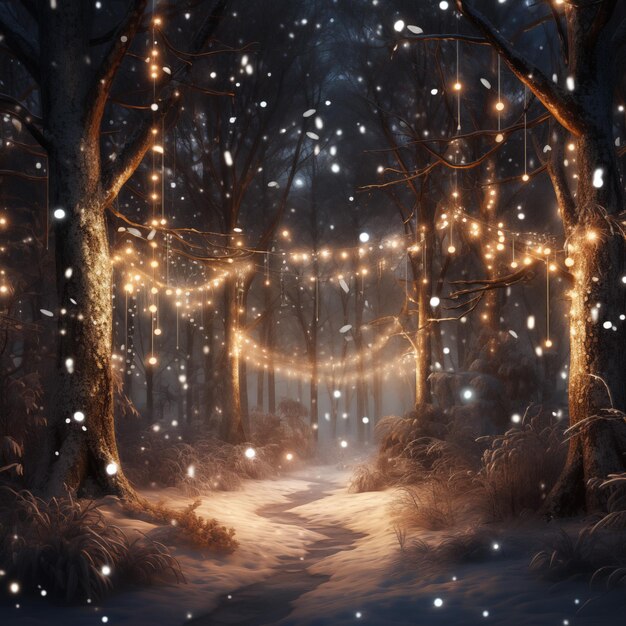 Winter forest at night with snow and magical lights Beautiful winter landscape