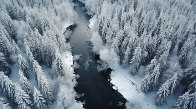 雪の中の冬の森 ドローンビュー 冬の自然の美しさ 雪の中の木々