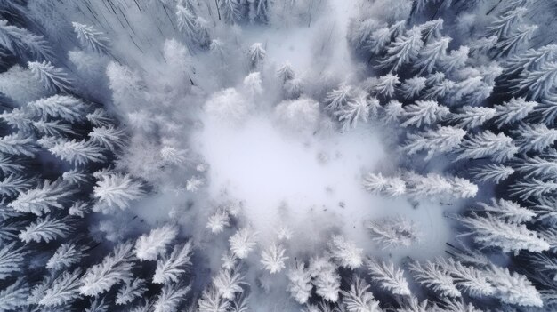 Зимний лес в снегу Вид с дрона Красота зимней природы Деревья в снегу