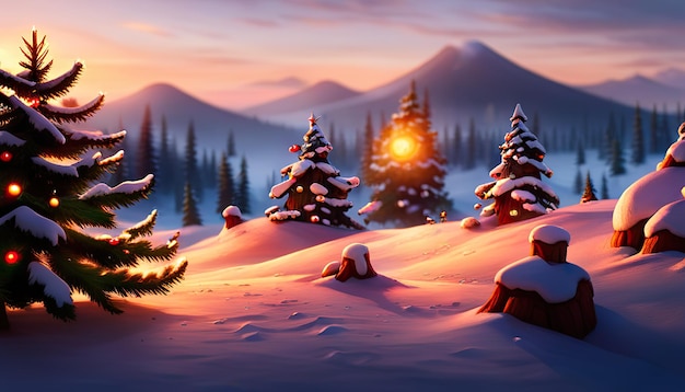 写真 冬の森の星空の夜のクリスマスツリーの家、窓にライトが付いている松の木が覆われています。