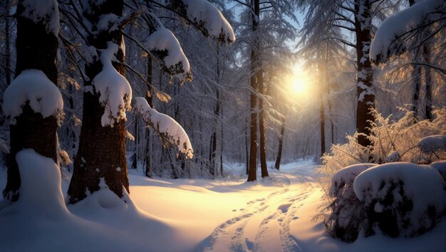 Зимний лес и закат