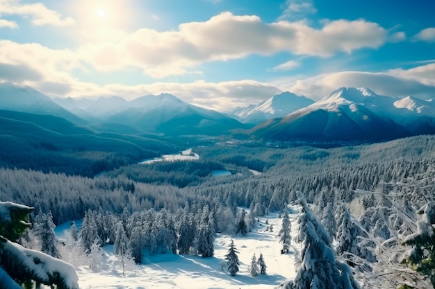 Winter forest top view Snowy forest and mountains