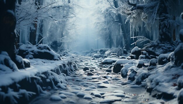 Photo winter forest tranquil scene frozen beauty mysterious non urban cold temperature generated by ai