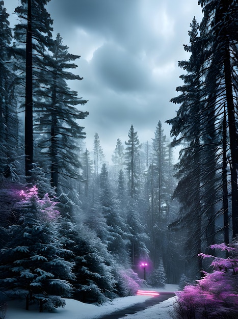 Winter forest w volumetric flowers neon colors cinematic storm Generative AI Generated