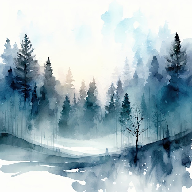 Winter Forest Watercolor Background Illustration AI Generative