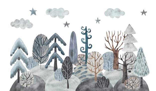 Winter forest Watercolor illustration in cartoon style Watercolor landscape hills and trees Horizontal landscape