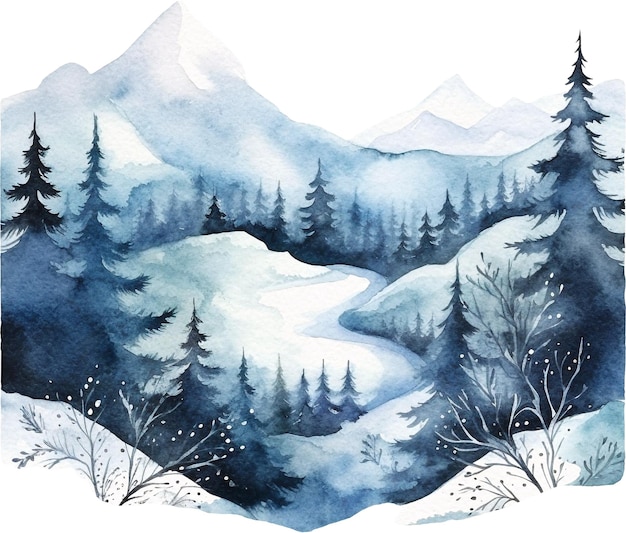 冬の森の水彩画は、白で隔離