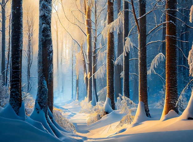 얼어붙은 나무 가지와 함께 겨울 숲 추운 날씨에 눈이 내린 후 아름다운 자연
