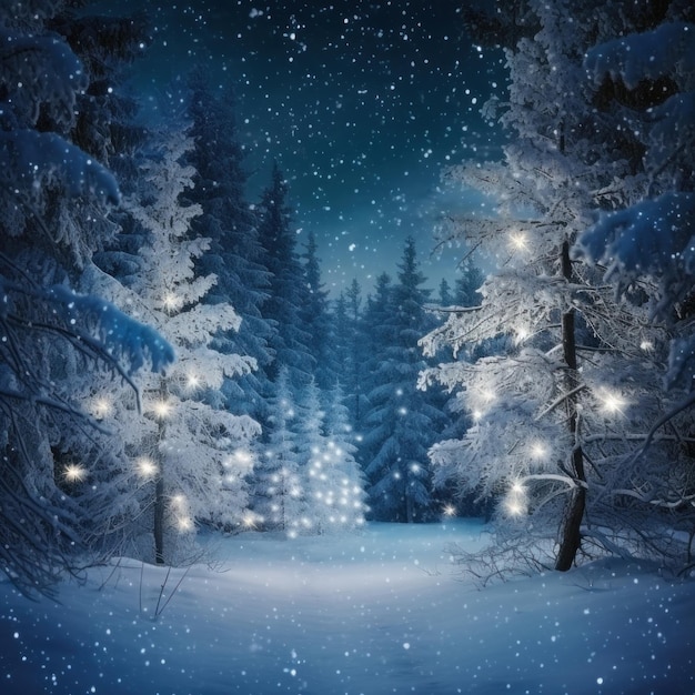 Winter forest with illuminated Christmas tree