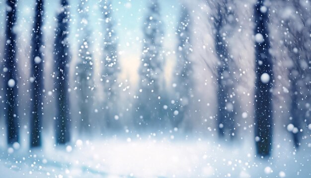 Winter forest with snowflakes Blurred background Christmas background